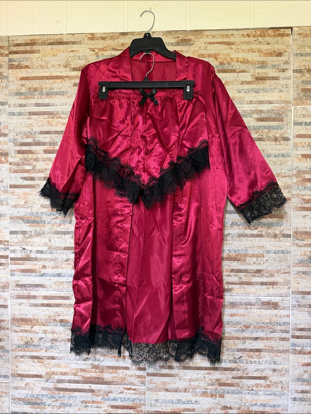 Silky Burgundy Lace Trim Robe and Nightdress Set without belt